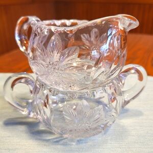 VTG Fancy Etched Floral Cut Clear Glass Creamer And Sugar